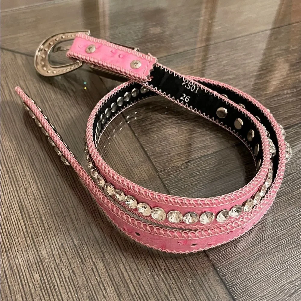 SHYANNE GIRL'S OSTRICH PRINT RHINESTONE BELT Pink Rhinestone Studded Belt